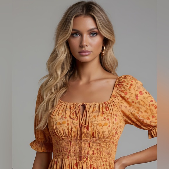 Ditsy Floral Print Knot Front Puff Sleeve Dress - Picture 2 of 6